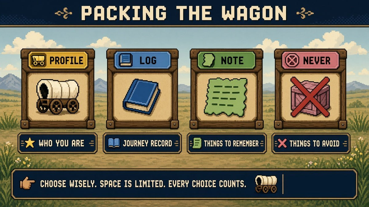 Pixel-art panel titled PACKING THE WAGON with four framed boxes. Profile shows a covered wagon, labeled Who you are. Log shows a blue book, labeled Journey record. Note shows a green scrap of paper, labeled Things to remember. Never shows a pink crate crossed out in red, labeled Things to avoid. A bar along the bottom reads: Choose wisely. Space is limited. Every choice counts.